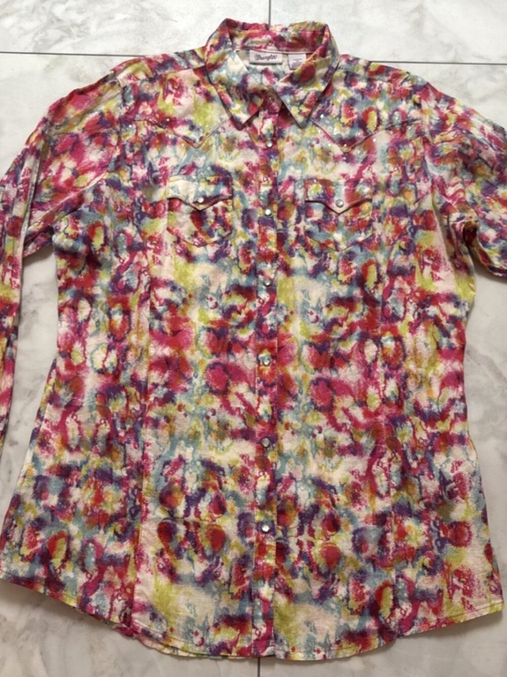 Wrangler Shirt Womens XL Pearl Snap Rhinestone Tie Dye Bling Western Long Sleeve